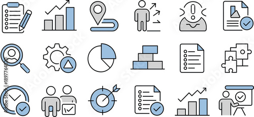Modern business analytics and management line icon set featuring charts, documents, targets, teamwork, strategy, productivity, planning, workflow, performance tracking, and corporate growth concepts