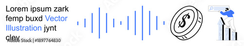 Business analysis, data insights, digital transformation, currency growth, sound technology, innovation. Visuals include a dollar coin, data wave and a figure analyzing a graph. Business analysis