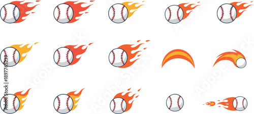 Flaming baseball vector set with fire trails, burning ball variations and dynamic sport icons