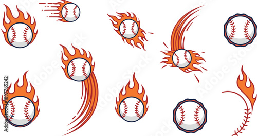 Flaming baseball vector set with fire trails, burning ball icons and dynamic sport design elements