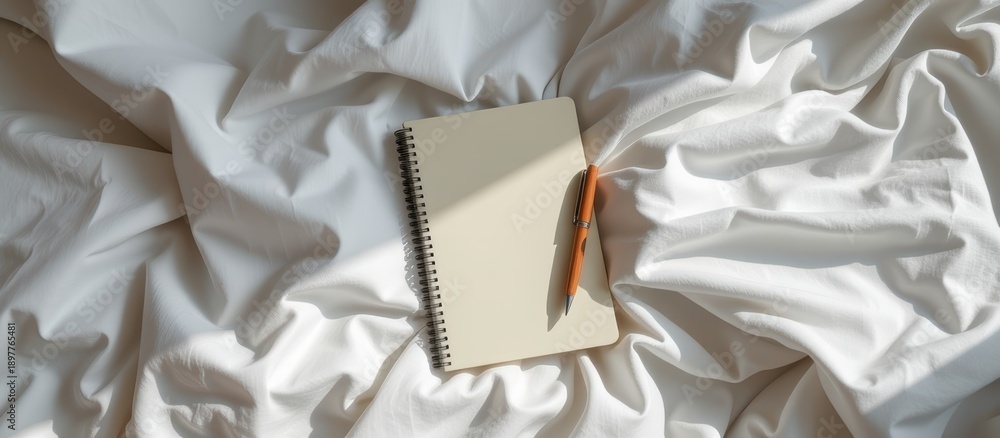 Fototapeta premium A notebook and pen on crumpled white fabric background.