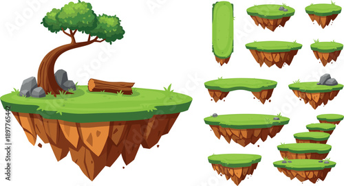 Floating Grass Island with Tree and Terrain Platform Set for Game Design Flat Vector Illustration