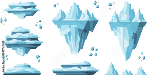 Floating Iceberg Island Vector Set with Frozen Platforms, Arctic Peaks and Ice Fragments
