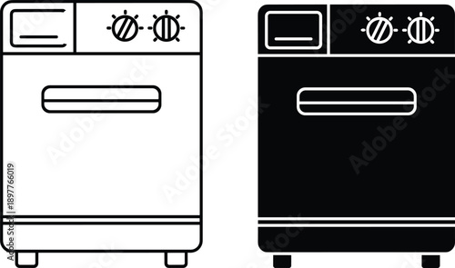 Vector, black, and, white, outline, and, silhouette, icon, set, of, a, modern, kitchen, dishwasher, for, home, appliance, household, chores, and, interior, design