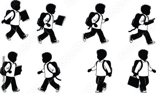 Vector, black, and, white, silhouette, illustration, of, a, school, boy, walking, and, running, with, backpack, and, books, for, education, back, to, school, design