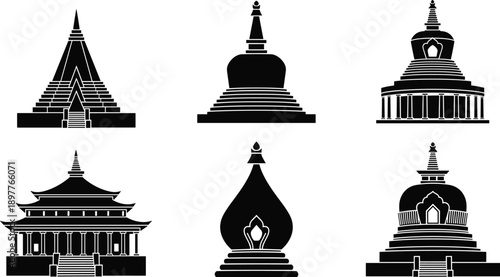 Vector, black, and, white, silhouette, illustration, set, of, traditional, Asian, pagoda, and, stupa, buildings, for, Buddhist, cultural, heritage, and, architectural, travel, design