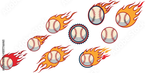 Dynamic flaming baseball vector set with fire trails, motion effects and sport icons