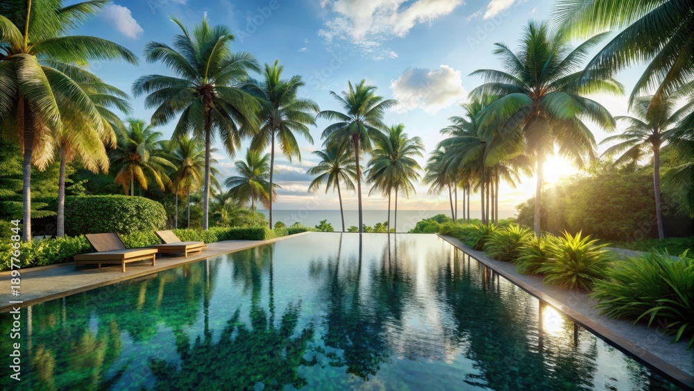 Fototapeta premium Overlooking a tranquil infinity pool, surrounded by lush tropical landscaping and private palm trees