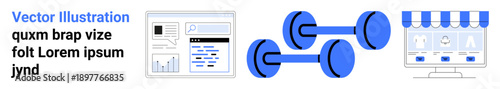 Business analytics, fitness, e-commerce, digital marketing, online tools, health. Graphs on a dashboard interface, blue dumbbells storefront concept. Business analytics and fitness