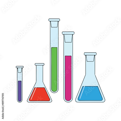 Five colorful laboratory tubes flasks science experiment