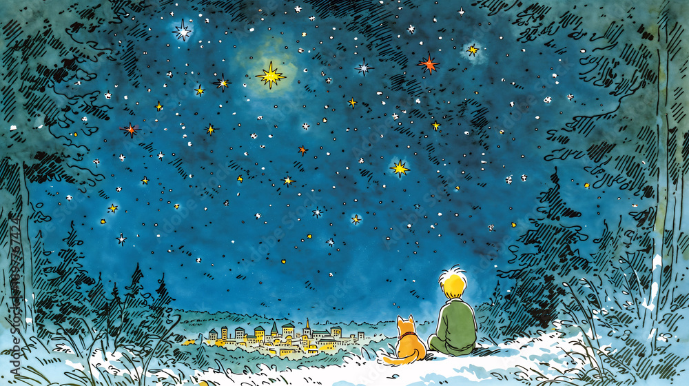 Fototapeta premium 星空を見上げる犬と少年