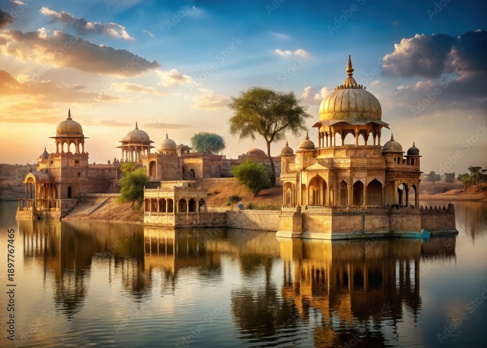 Fototapeta premium Ancient architecture rises majestically from the tranquil waters of Gadisar Lake in Jaisalmer, Rajasthan, India