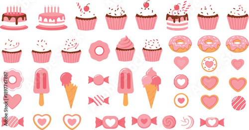 Vector Set of Pink and Chocolate Desserts Featuring Cakes, Cupcakes, Donuts, Ice Cream, and Heart-Shaped Candies for Valentine's Day and Birthday Party Graphics