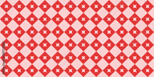 Red diamond seamless pattern with small cross accents. Geometric repeating background creates a bold decorative textile style for wallpapers and prints. Clean modern grid design ideal for fabric 
