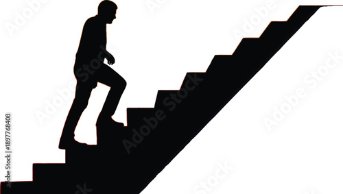 Man climbing stairs towards success with vibrant orange and blue background
