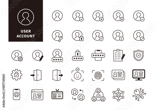 ユーザー管理や認証設定を表現したUI向けモノクロアイコンセット