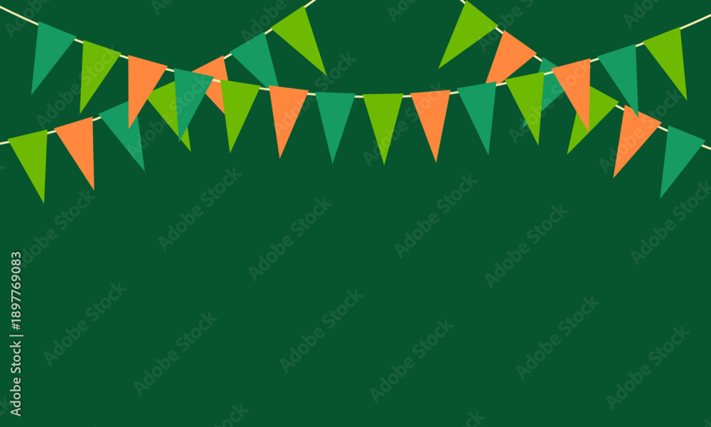 Fototapeta premium green orange triangle flags garland on, st. patrick's day template, spring easter holiday background