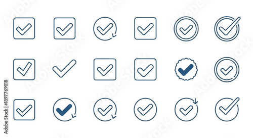 Set of blue checkmark icons in squares and circles, indicating confirmation and approval, perfect for various design needs