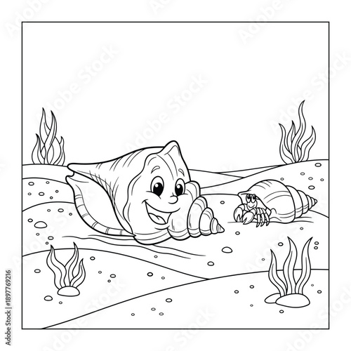 A happy cartoon conch shell smiles on the sandy seabed next to a shy hermit crab and wavy sea grass.