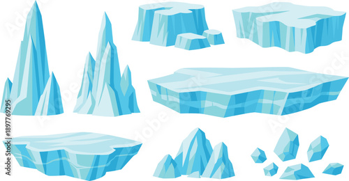 Iceberg and Frozen Platform Vector Set with Arctic Glacier Peaks and Floating Ice Elements