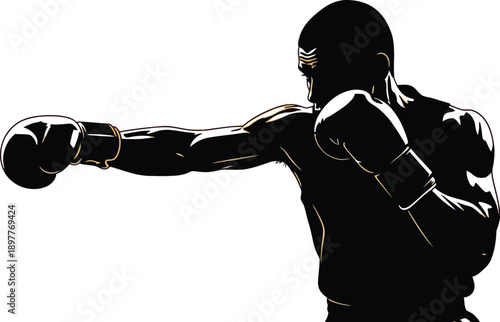 Muscular boxer in fighting stance with gloves on yellow background