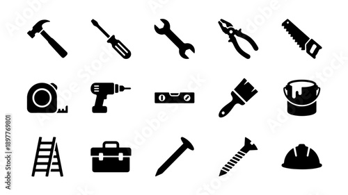 Collection of Various Construction and DIY Tools Icons Set.