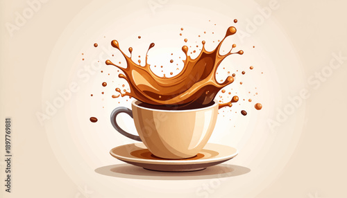 A delicious and refreshing splash of brown coffee liquid erupting from a cup, evoking a sense of energy and refreshment