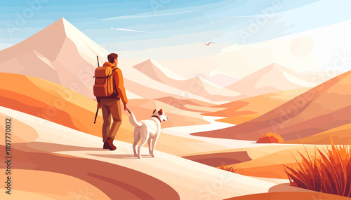 Man and dog walking on a mountain trail in an arid landscape during golden hour