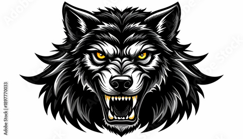 Fierce Wild Wolf Head Illustration with Aggressive Snarl and Glowing Eyes, Portraying Strength and Untamed Spirit of the Canine Predator