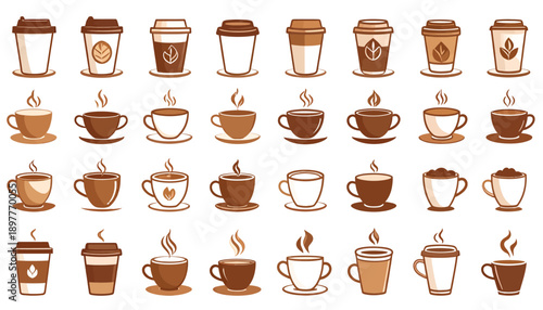 A comprehensive collection of coffee cup illustrations in various styles, perfect for cafe branding and design projects