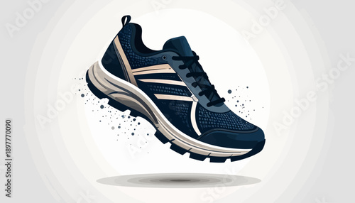 A stylish dark blue athletic shoe with a light grey sole, featuring white stripes on the side and a speckled background, perfect for active lifestyles and fitness