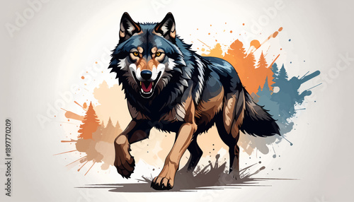 Dynamic watercolor illustration of a majestic wild wolf in mid-stride, showcasing its powerful form against a vibrant splash art background