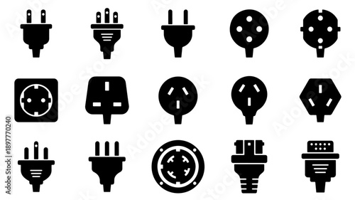 Collection of various electrical plugs and sockets icons.