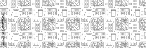 Pattern of pills and blister on white background. Medical thin outline seamless pattern. Vector seamless black and white line pattern of pill organizers, bottles, and capsules.