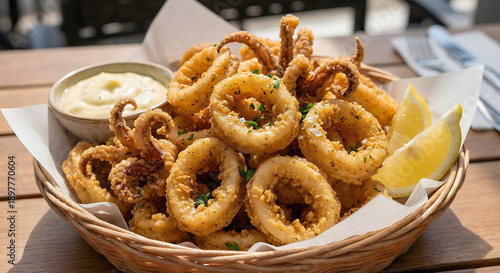 A wicker basket filled with golden-brown fried calamari rings and tentacles, served with creamy dipping sauce and fresh lemon wedges on a wooden table.