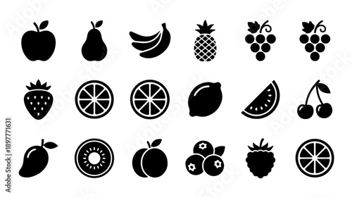 Collection of Various Fresh Fruits Icons in Silhouette Style.