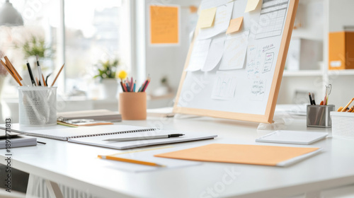Creative home office with notes, pencils, notebooks, and whiteboard in bright workspace filled with natural light and organized supplies