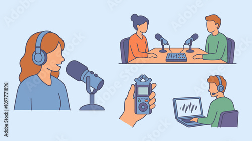 Podcast recording session with various hosts and equipment.