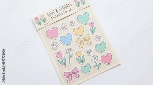 Colorful heart and flower stickers for crafting and decoration.