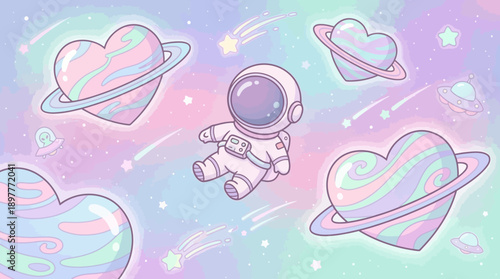 Astronaut floating in pastel space surrounded by hearts and planets.