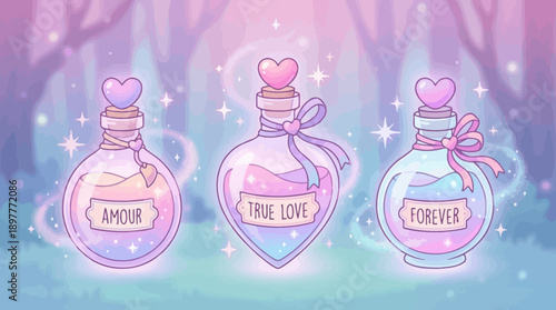 Three heart-shaped bottles with love potion labels in a fantasy forest.