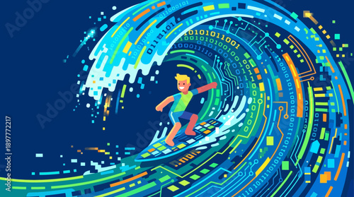 Surfer Riding a Wave of Binary Code and Circuitry.