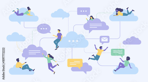 People interacting with cloud computing and social media.