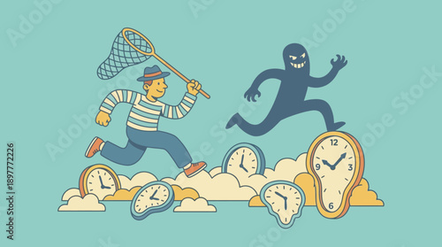 Man chasing a monster through clouds with clocks and a net.