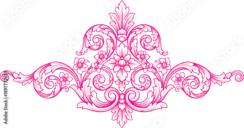 The image showcases a striking floral design characterized by its intricate and symmetrical arrangement in a vibrant shade of pink.
