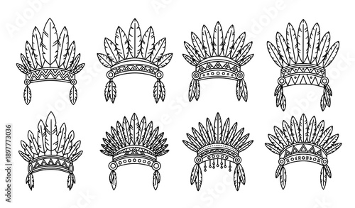 Indian headdress line art icon vector set feather designs