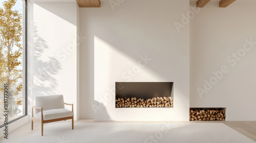 Minimalist fireplace design with white plaster chimney and natural wood logs in bright modern living room with wooden chair and large window