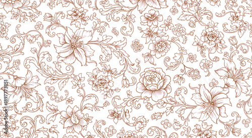 described showcases a beautifully intricate floral pattern that embodies a vintage and antique aesthetic. The delicate line work suggests that it may have been created using traditional techniques, 
