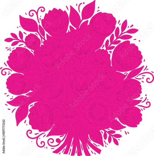 described features a pink intricate floral design that showcases a rich and detailed arrangement of flowers and leaves