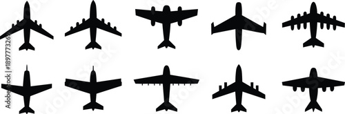 A comprehensive collection of black airplane silhouettes featuring various commercial jets, private aircraft, and military aviation icons for professional graphic design.